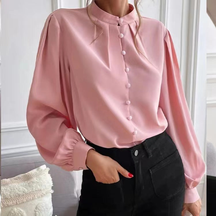 Chemise à simple boutonnage, couleur unie, col rond, manches longues, style banlieue