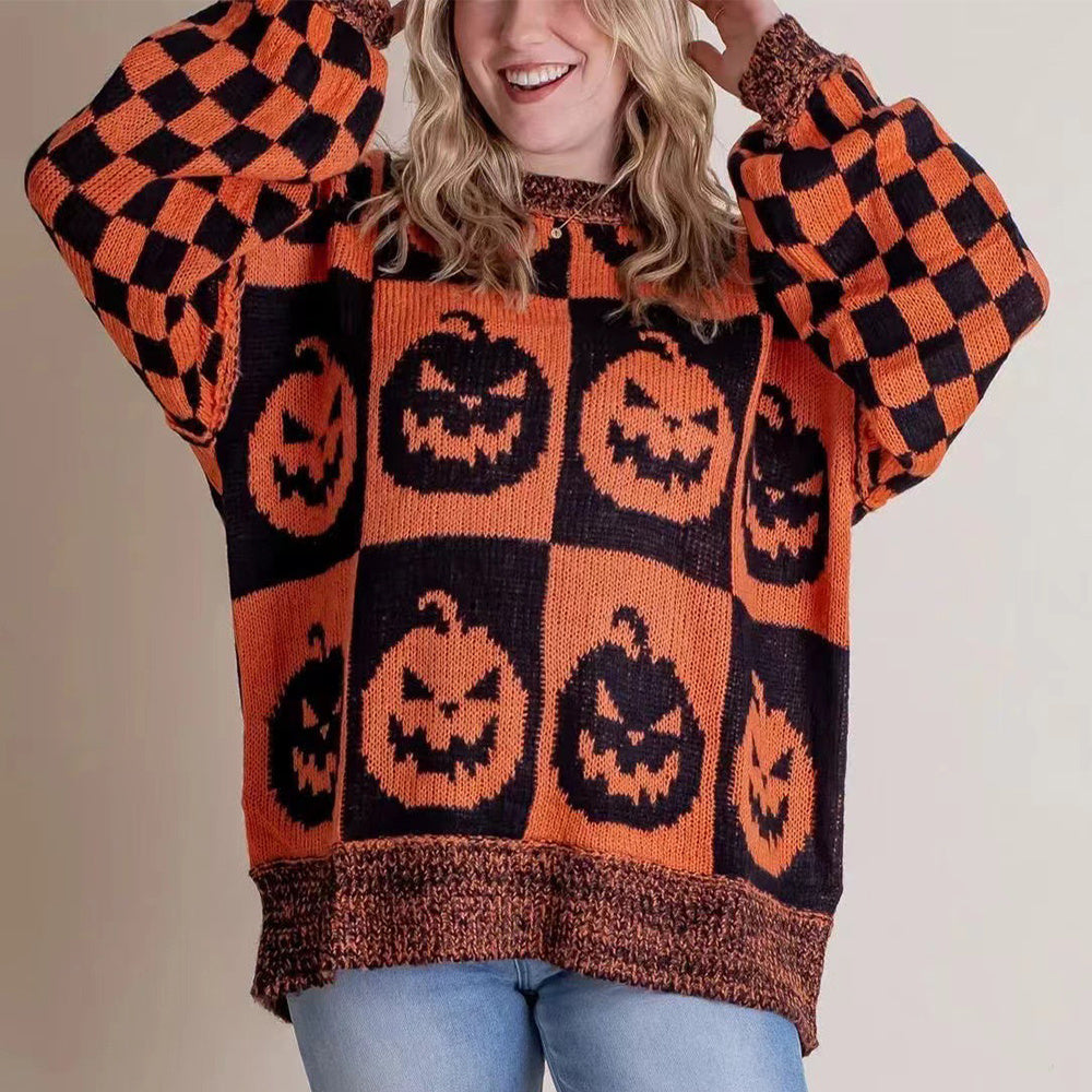 Pull à manches longues en tricot pour femme, imprimé fantôme et damier, style dessin animé d'Halloween, automne et hiver