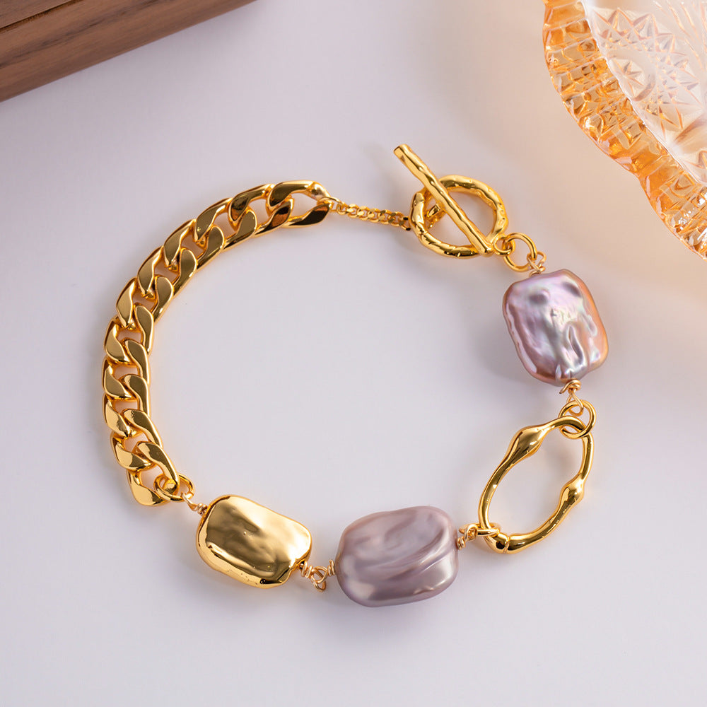 Pulsera de mujer con cadena de eslabones cubanos, barroco, pastel, perla natural, cuadrado irregular