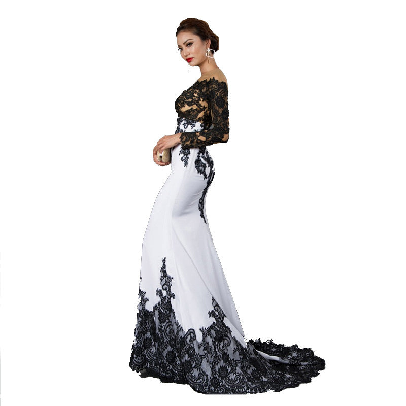 Vestido largo de encaje bordado con cola de pez y cola delgada