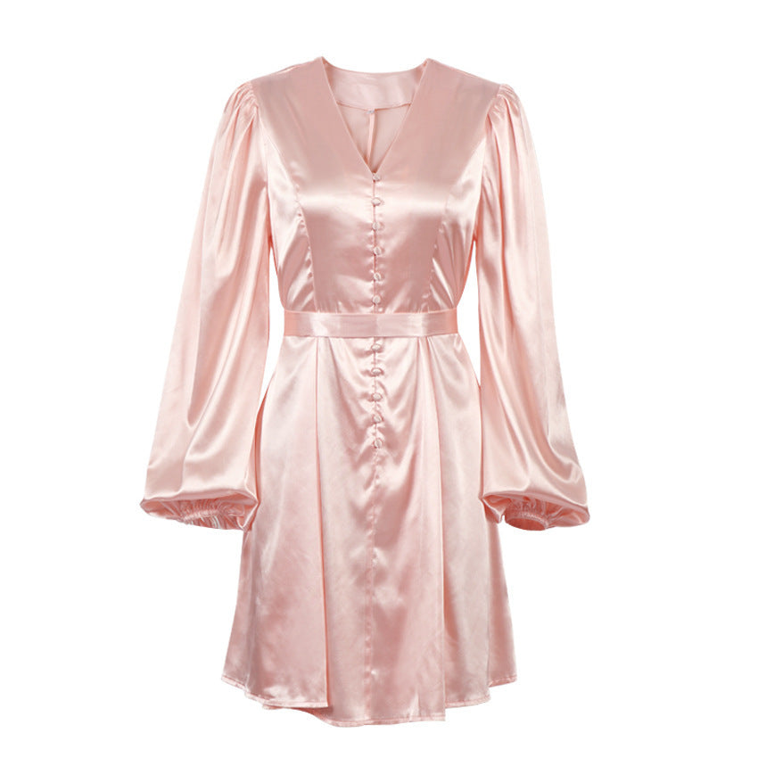 Satin Satin V-Neck Temperament Slim Dress