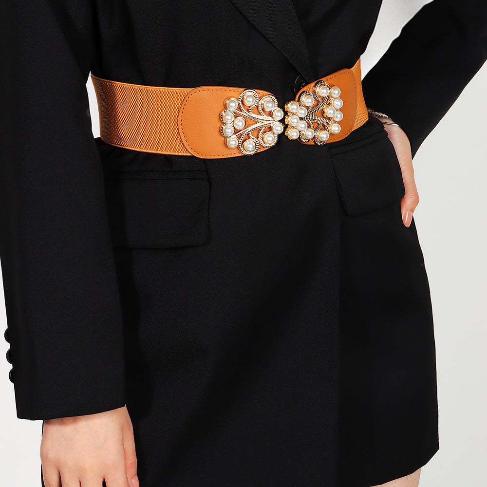 Cinturón ancho elástico elegante para mujer, hebilla de Metal perla, cinturón elástico, traje, chaqueta, vestido, cinturón multicolor