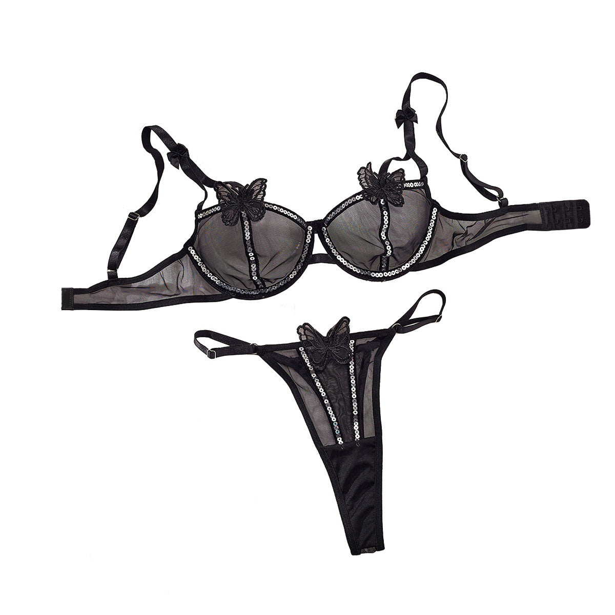 Conjunto de dos piezas con bordado de mariposas y malla transparente