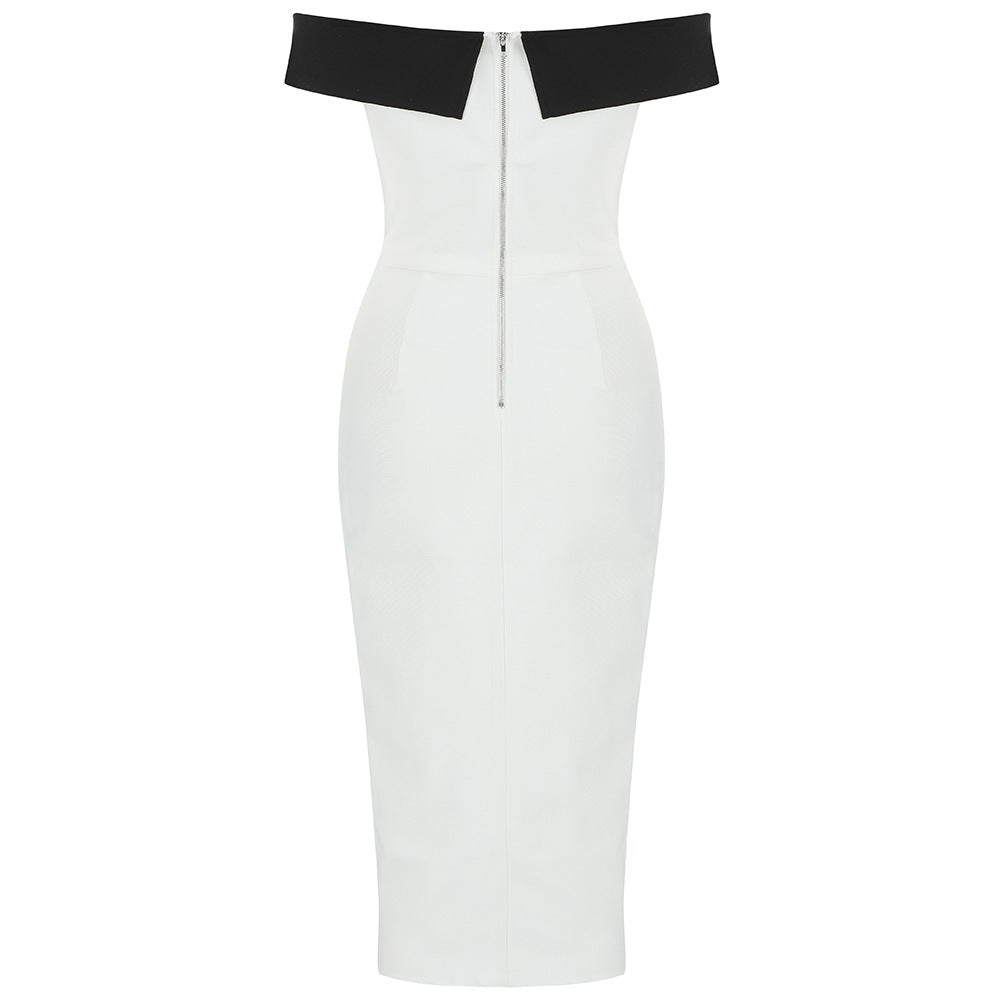 Robe de soirée longue fendue noire et blanche avec nœud