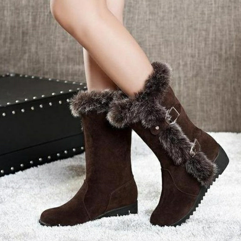 Botas de nieve de media pantorrilla para mujer, zapatos informales, cálidos, de piel, con punta redonda, sin cordones, color marrón, para invierno