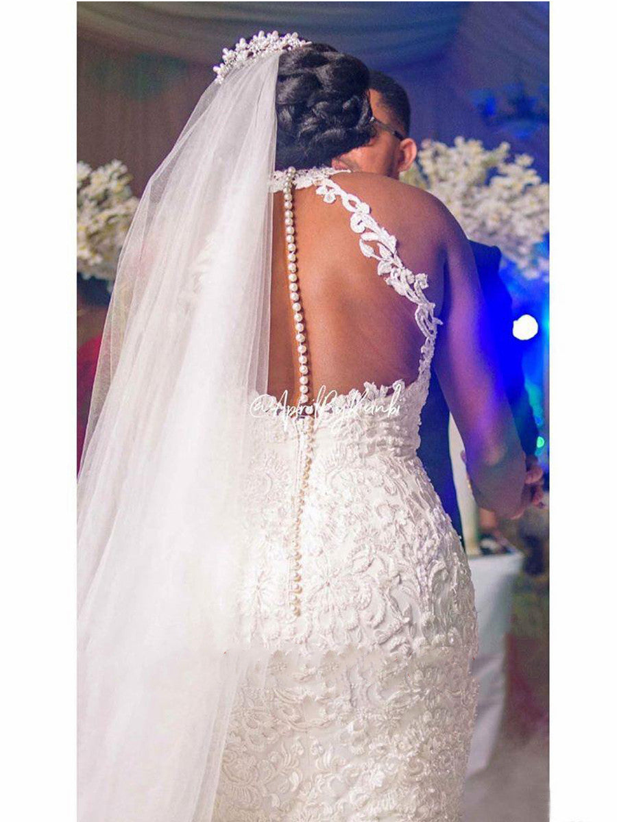Vestidos de novia con cuentas de encaje vintage, vestidos de novia de sirena con cuello transparente, vestidos de boda baratos atractivos