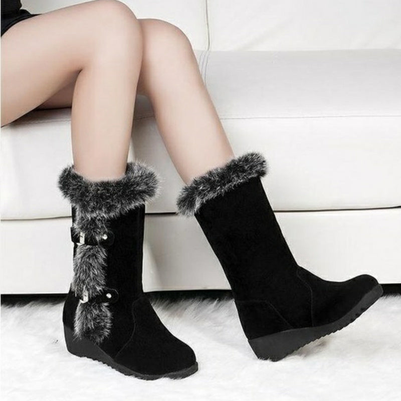 Botas de nieve de media pantorrilla para mujer, zapatos informales, cálidos, de piel, con punta redonda, sin cordones, color marrón, para invierno