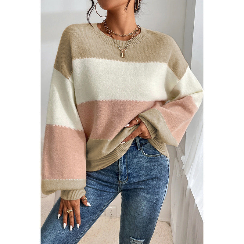 Pull ras du cou color-block décontracté à épaules amples et manches lanternes pour femme