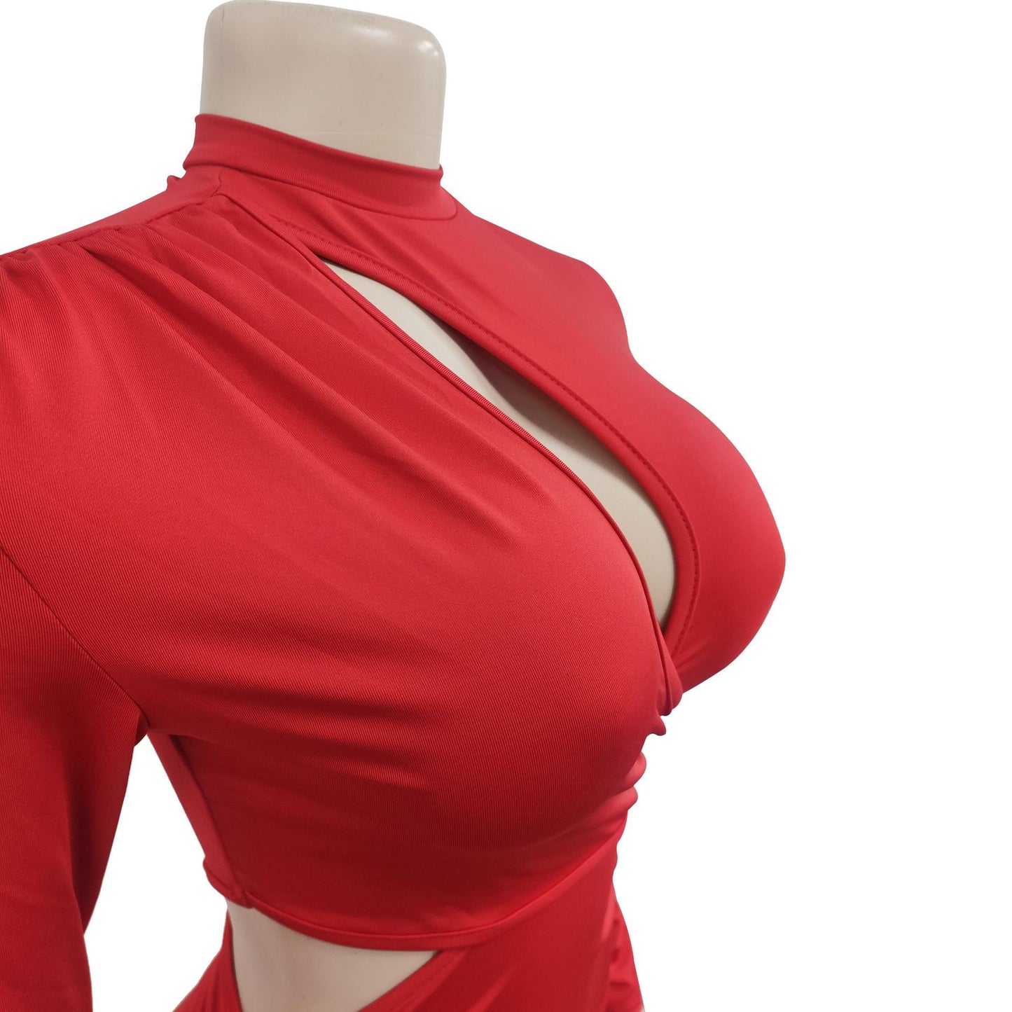 Vestido de manga larga con cuello redondo y volantes de color liso para mujer a la moda