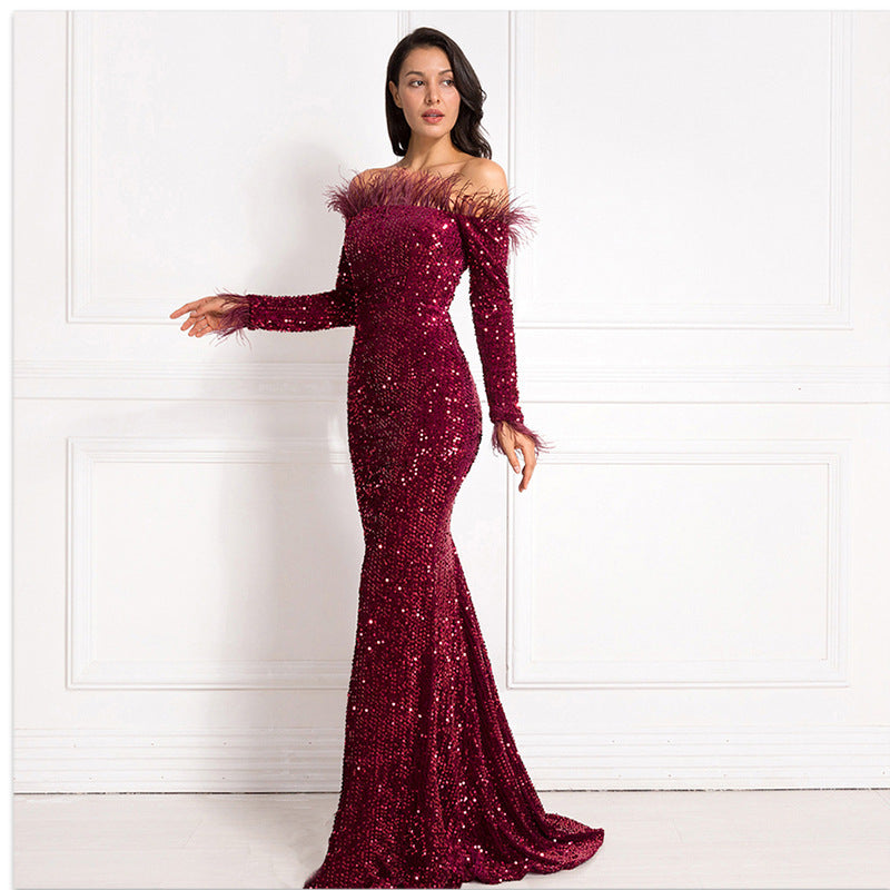 Robe de soirée formelle à épaules dénudées et queue de poisson