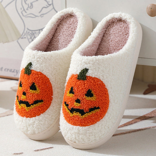 Chaussons d'hiver chauds à motif citrouille pour Halloween, chaussures d'intérieur pour couple, pour hommes et femmes