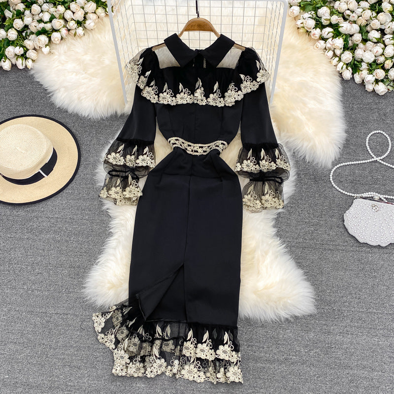 Vestido delgado con falda de temperamento delgada y cintura con bordado artesanal pesado