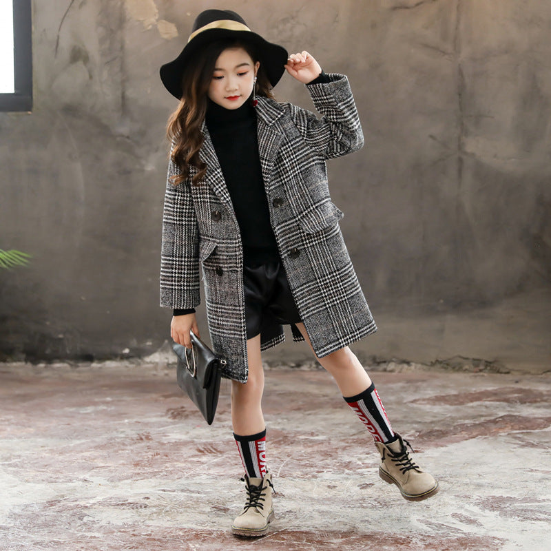 Manteau pied-de-poule gris à carreaux pour fille