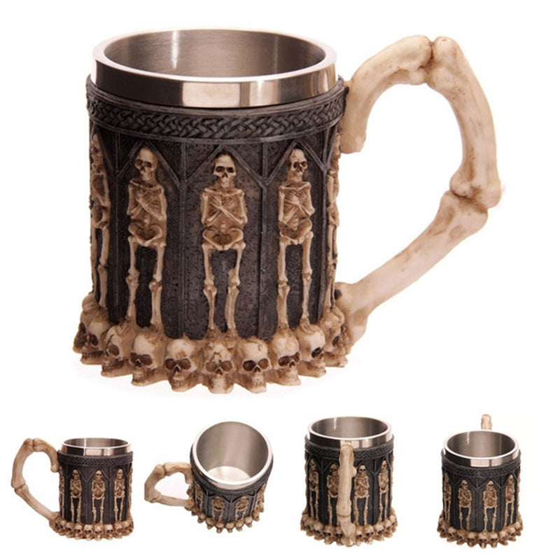 Taza de Halloween con impresión de copa de vino de metal y calavera