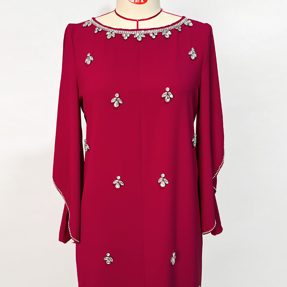 Rose Red Collar Long-sleeved Dress