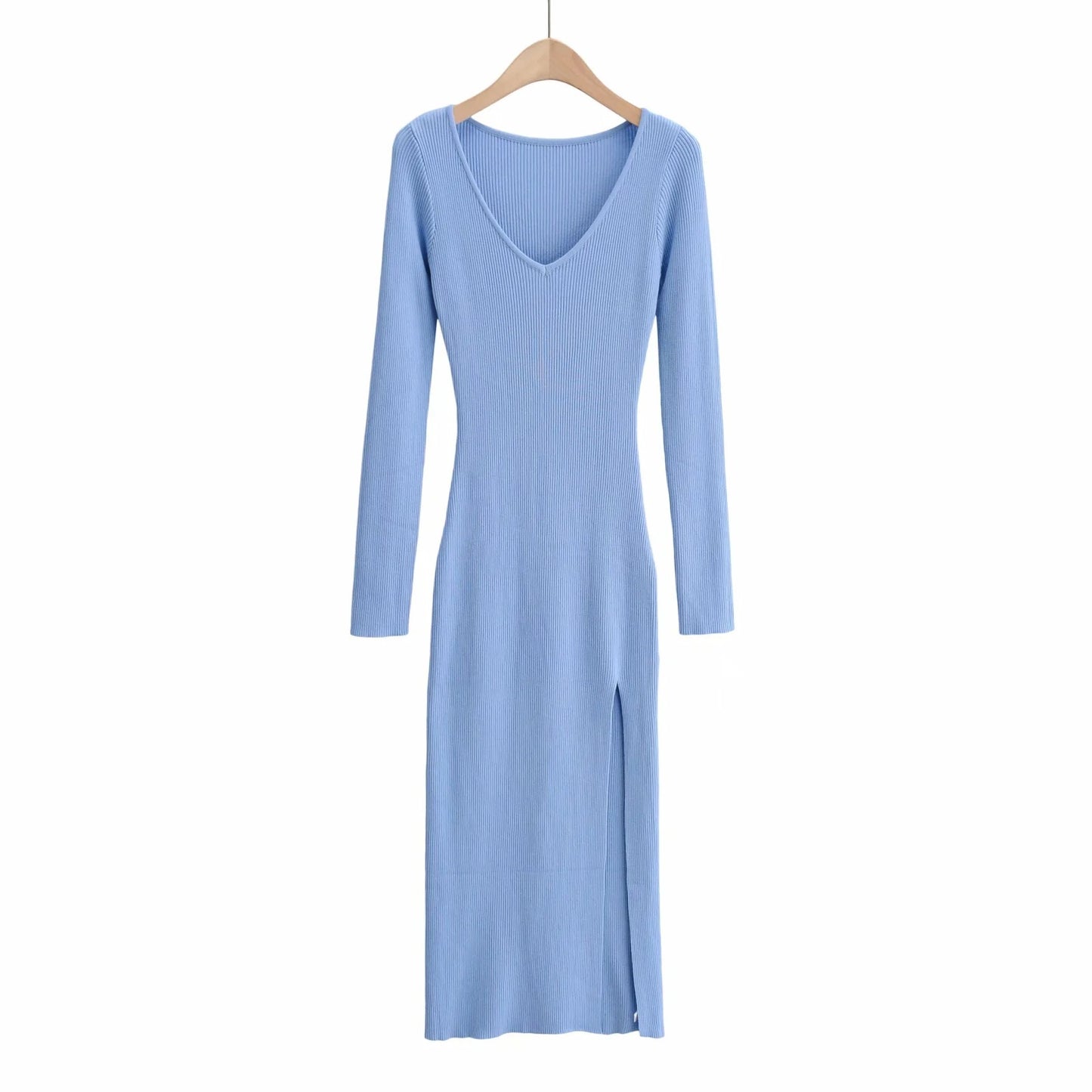 Slim V-neck Over-the-knee Long Skirt Sexy Side Slit Long-sleeved Knitted Dress