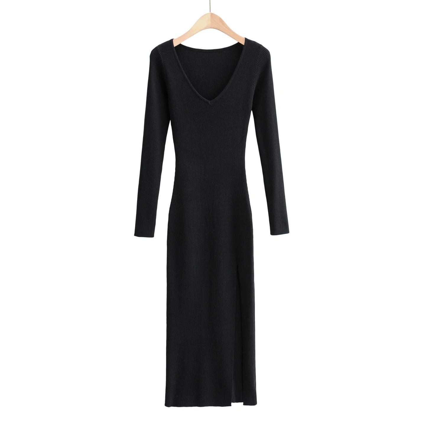 Slim V-neck Over-the-knee Long Skirt Sexy Side Slit Long-sleeved Knitted Dress
