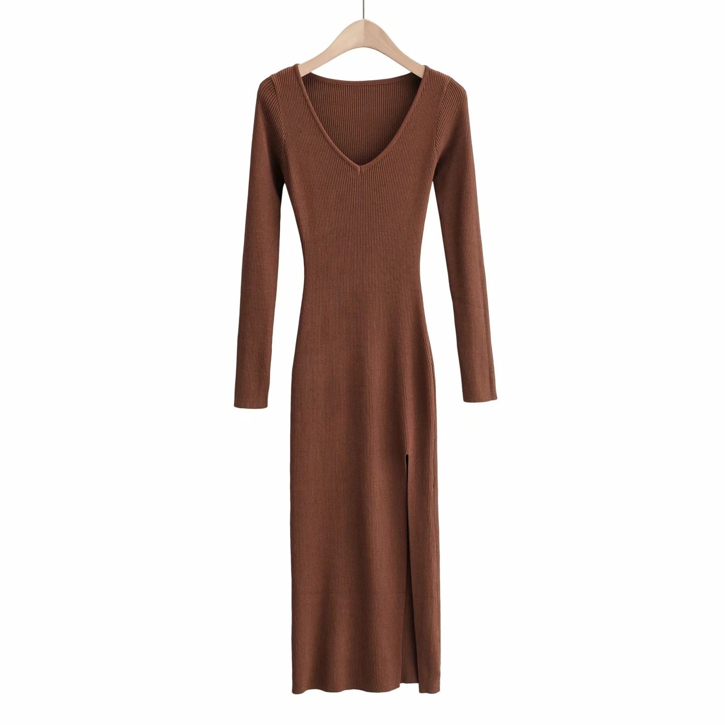 Slim V-neck Over-the-knee Long Skirt Sexy Side Slit Long-sleeved Knitted Dress