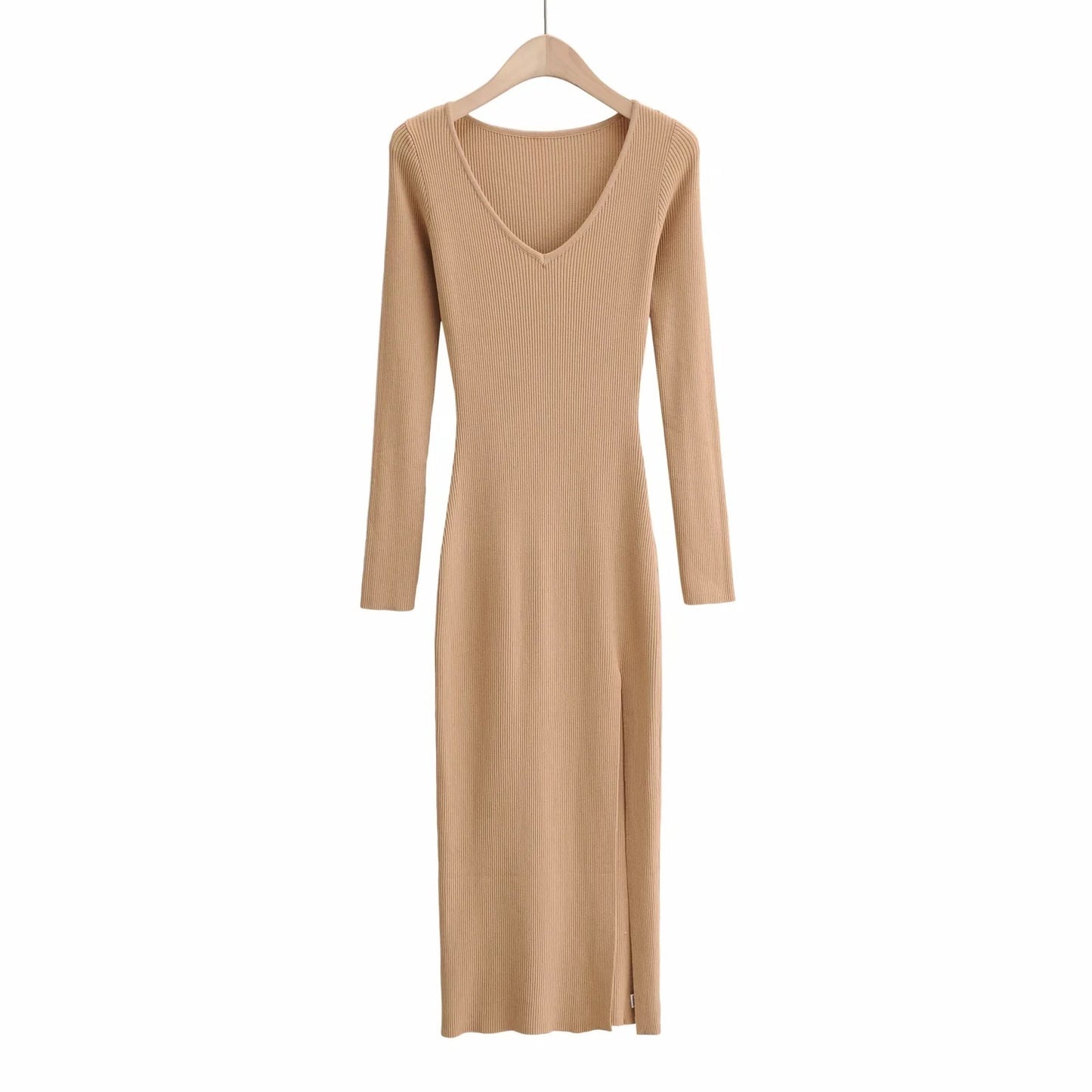 Slim V-neck Over-the-knee Long Skirt Sexy Side Slit Long-sleeved Knitted Dress