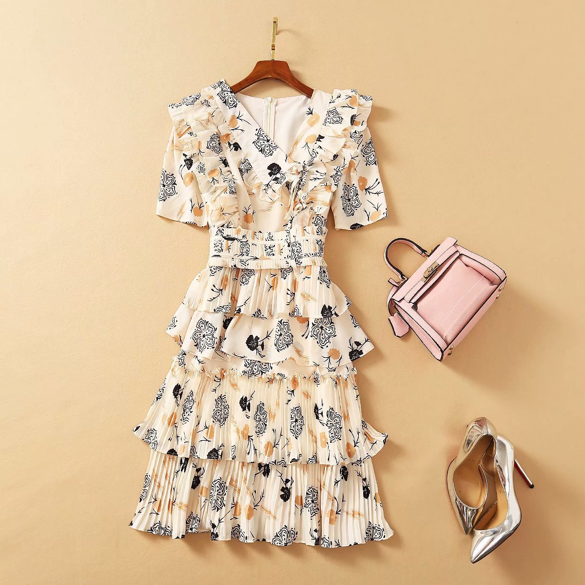 V-Neck Sleeveless Ruffled Heavy-Duty Pleated Print Medium Dress