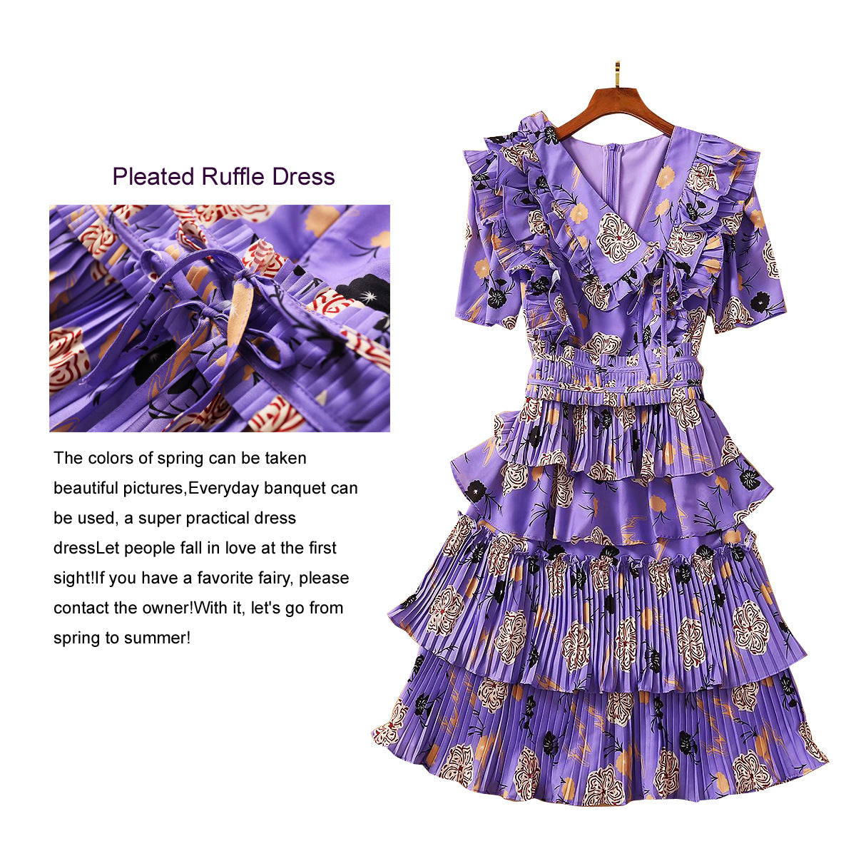V-Neck Sleeveless Ruffled Heavy-Duty Pleated Print Medium Dress