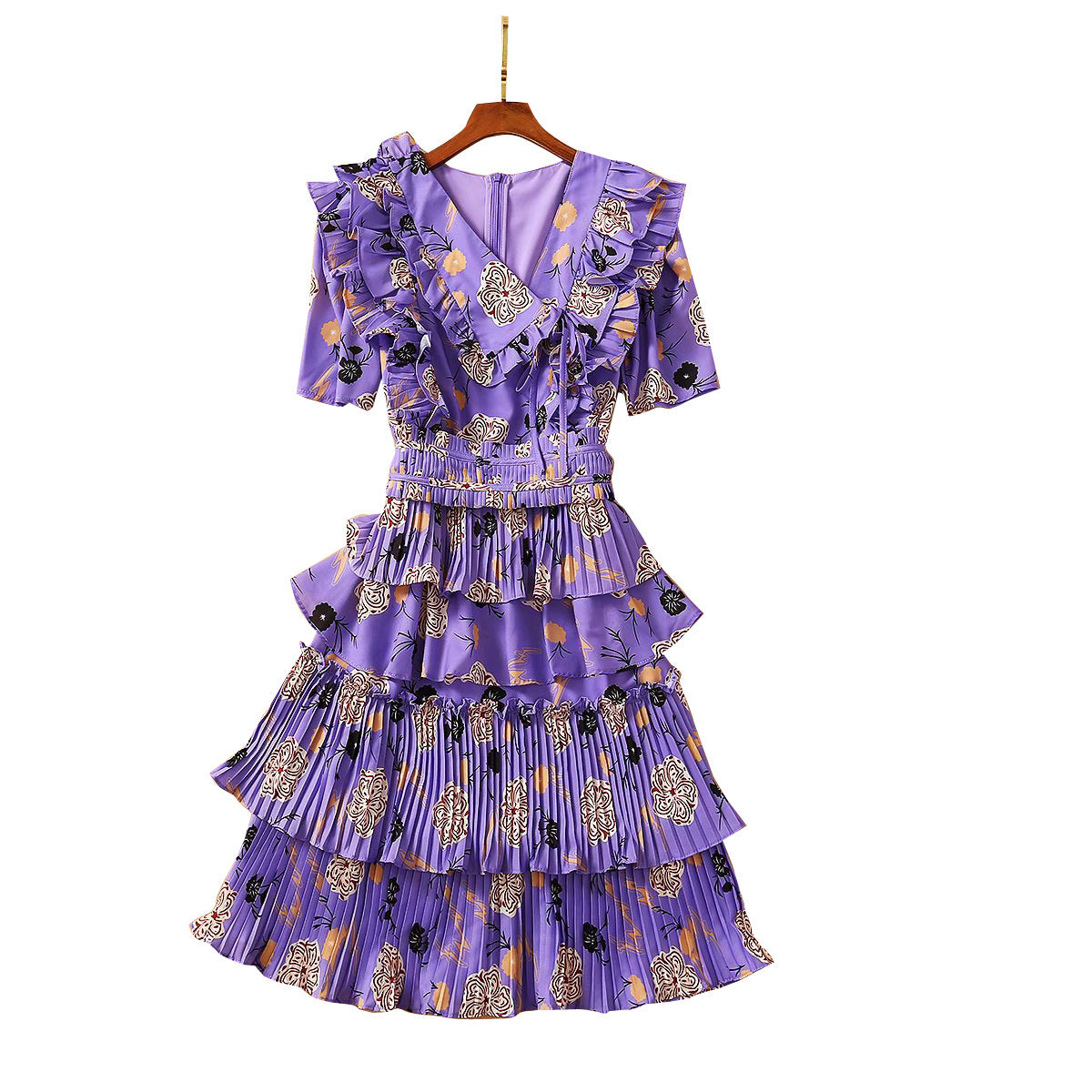 V-Neck Sleeveless Ruffled Heavy-Duty Pleated Print Medium Dress