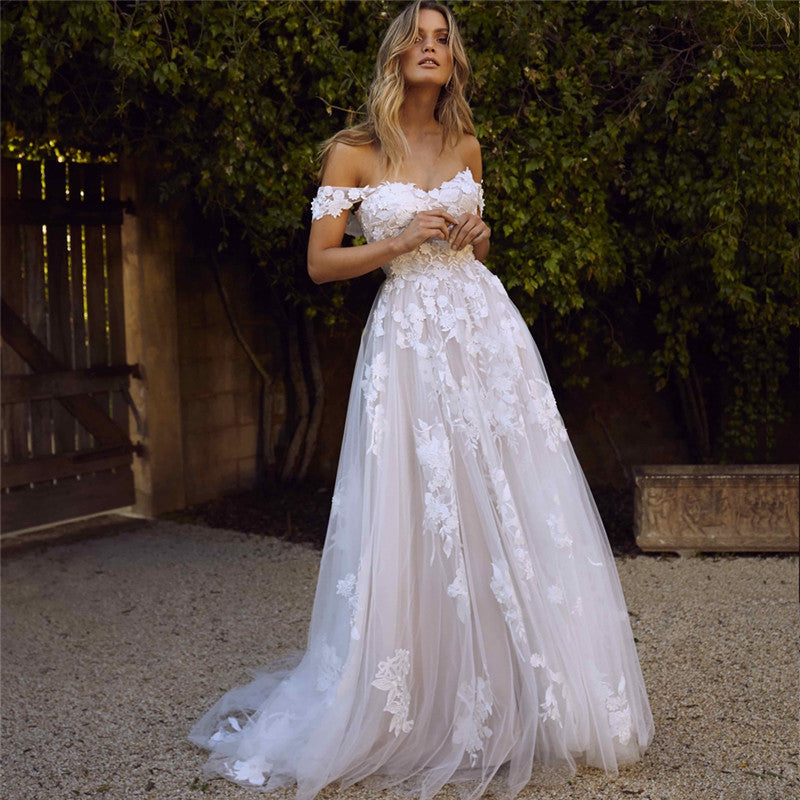 Vestidos de novia de encaje con hombros descubiertos y apliques, vestido de novia de corte A, vestido de Boda de Princesa, vestido de novia