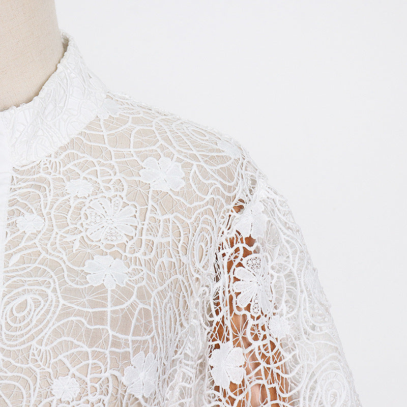 Stand Collar Lantern Sleeve Design Sexy Lace Short Dress