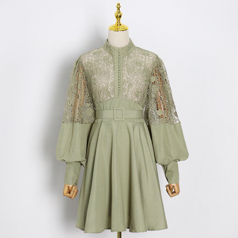 Stand Collar Lantern Sleeve Design Sexy Lace Short Dress