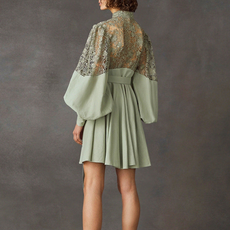 Stand Collar Lantern Sleeve Design Sexy Lace Short Dress