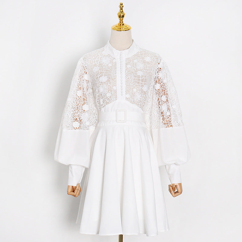 Stand Collar Lantern Sleeve Design Sexy Lace Short Dress