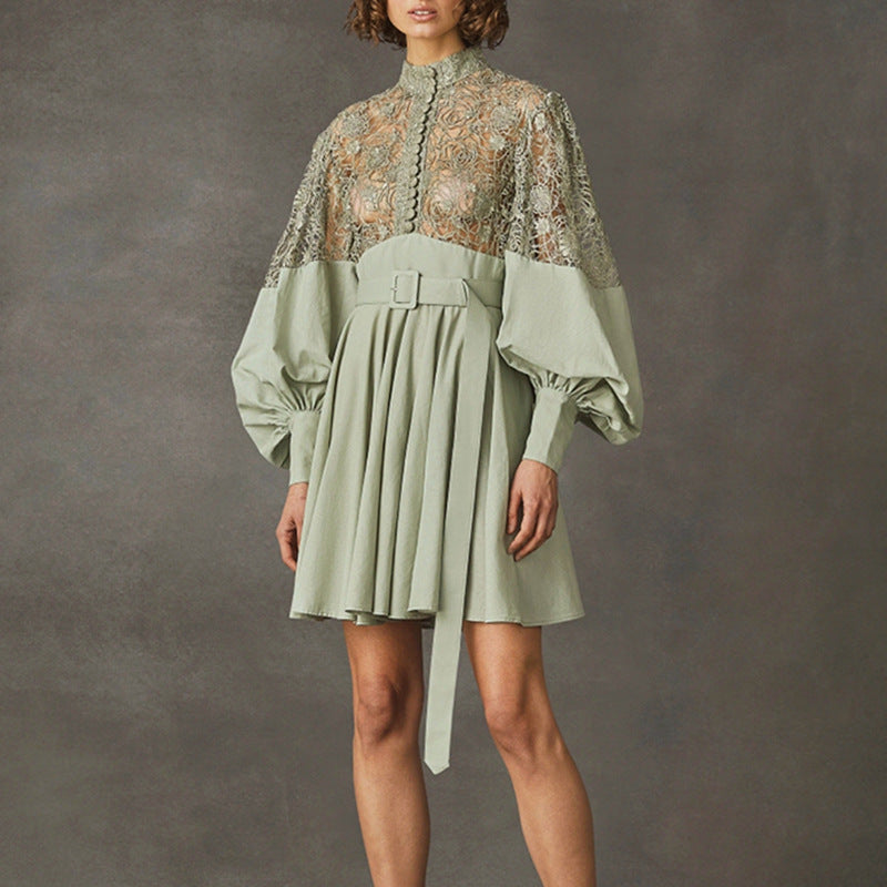Stand Collar Lantern Sleeve Design Sexy Lace Short Dress