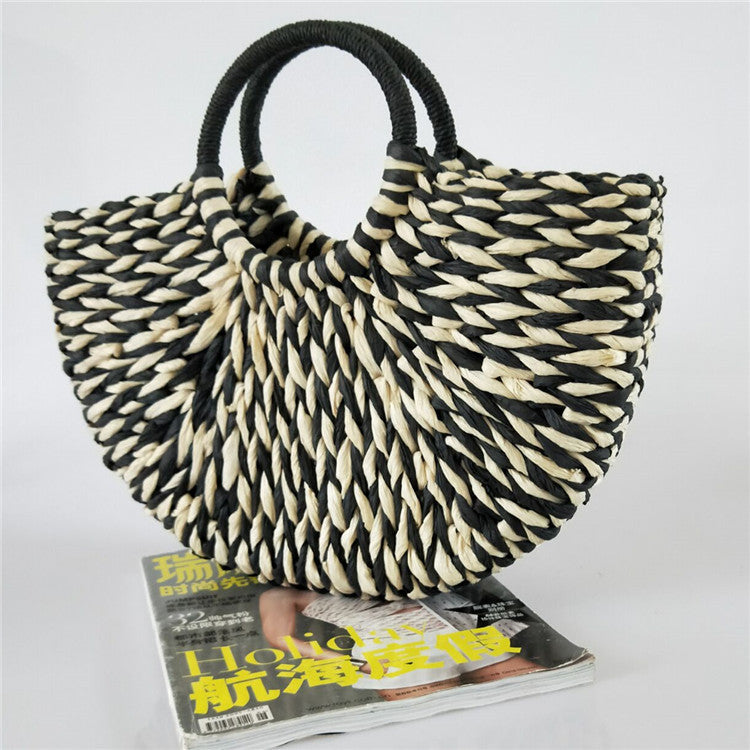 Bolso de mano para mujer, mimbre, paja, concha de luna, gran capacidad, bolso de viaje informal