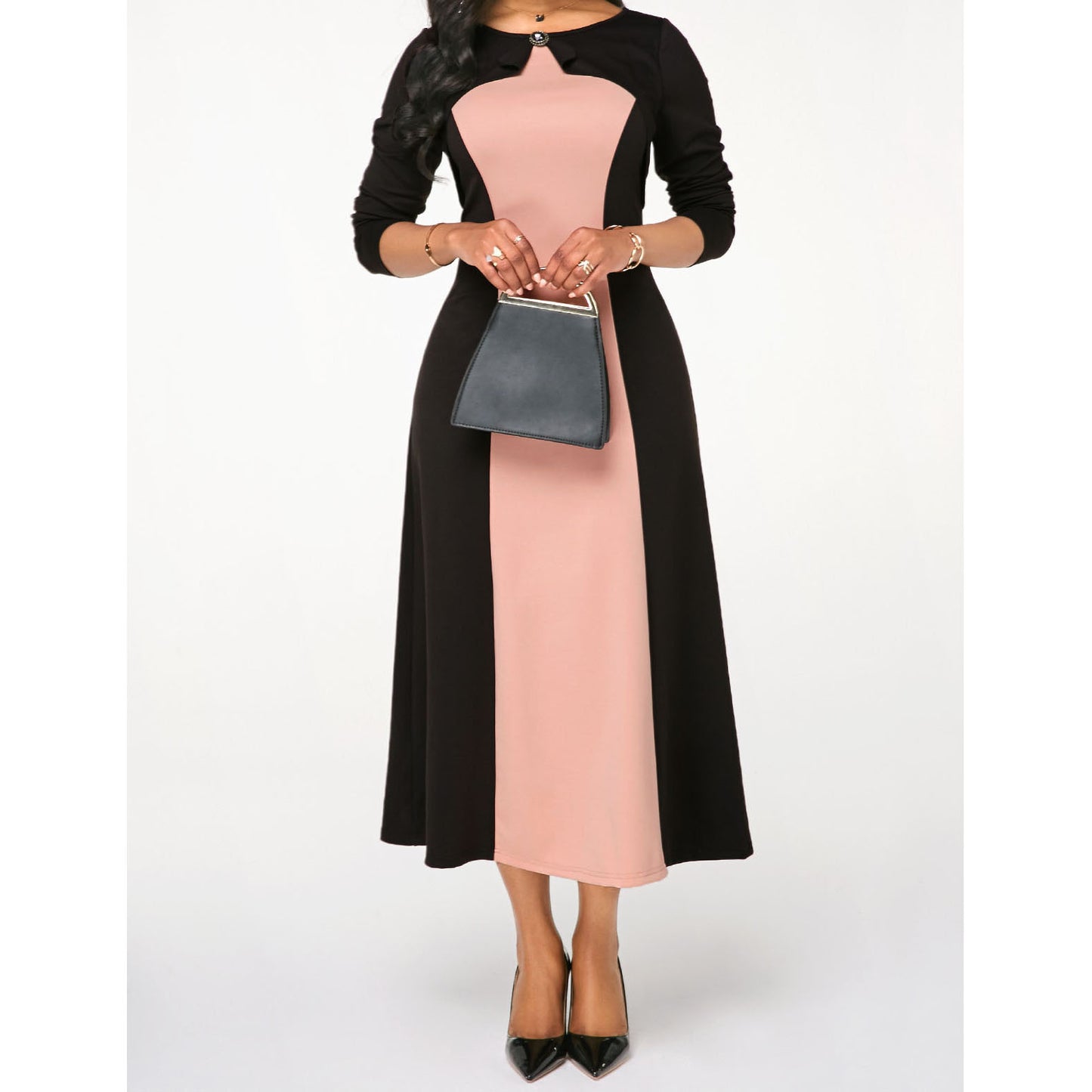 Round Neck Contrast Long-sleeved Sweet Party Dress
