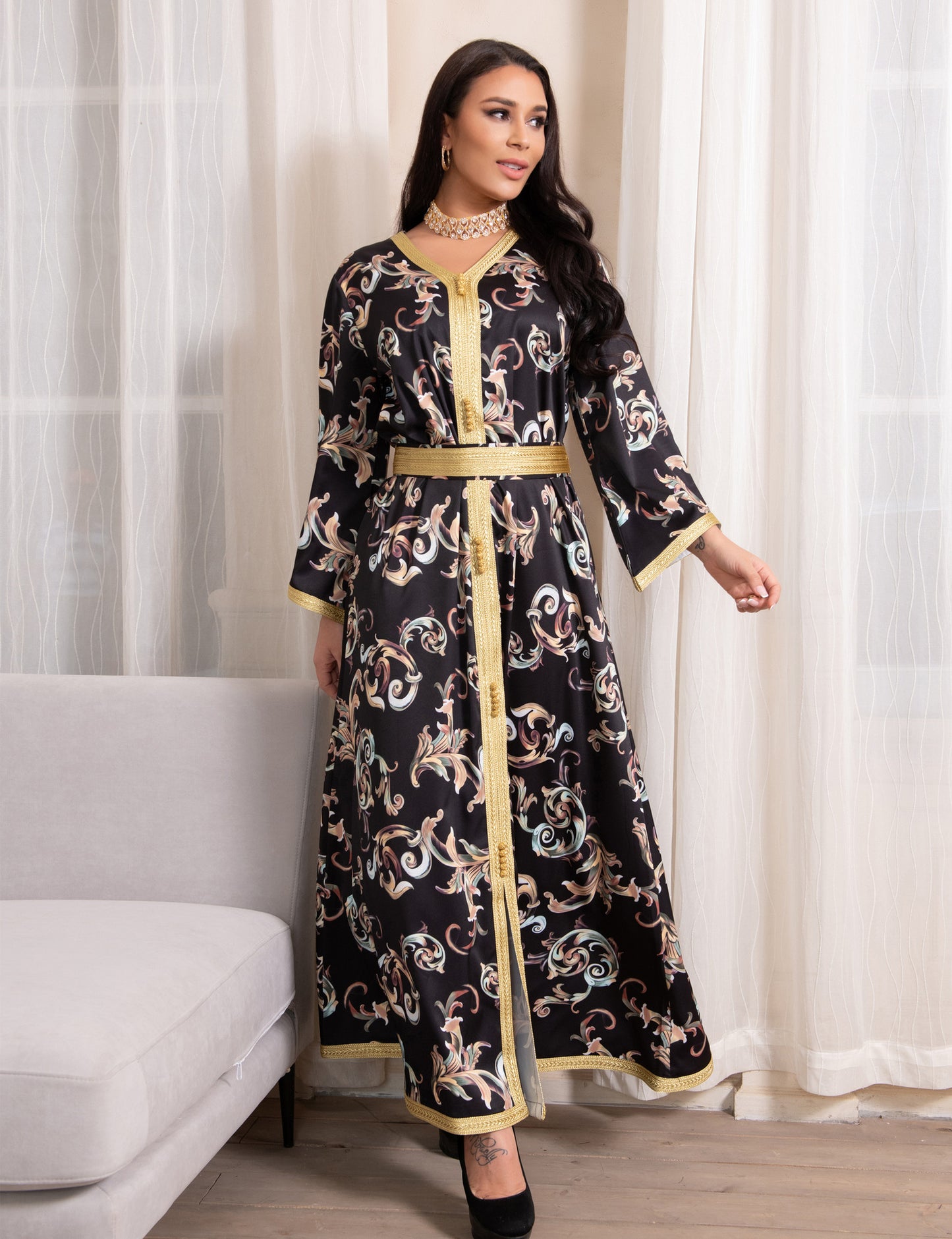 Vestido con cinturón largo estampado para mujer musulmana de Dubái para Ramadán