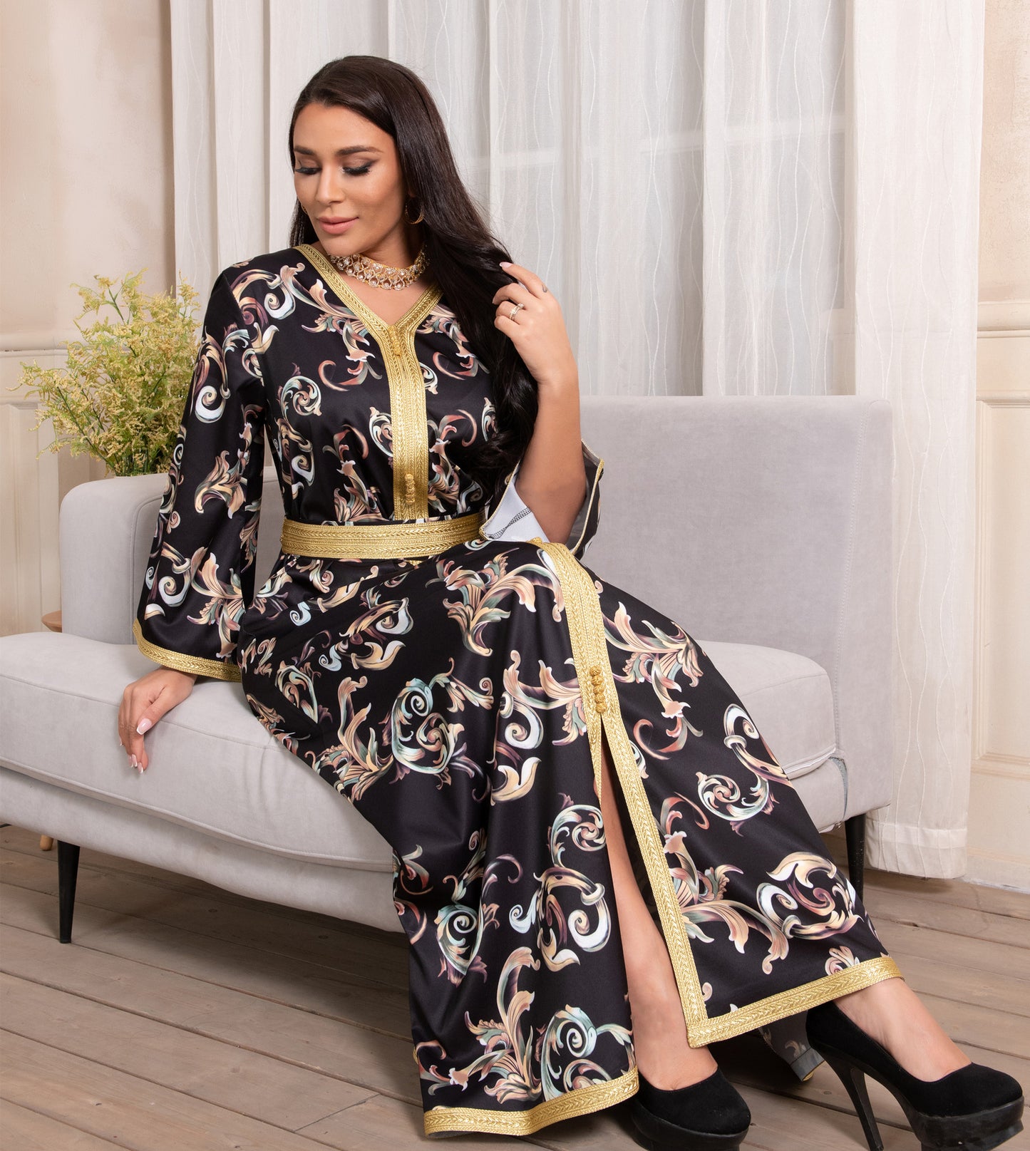 Vestido con cinturón largo estampado para mujer musulmana de Dubái para Ramadán