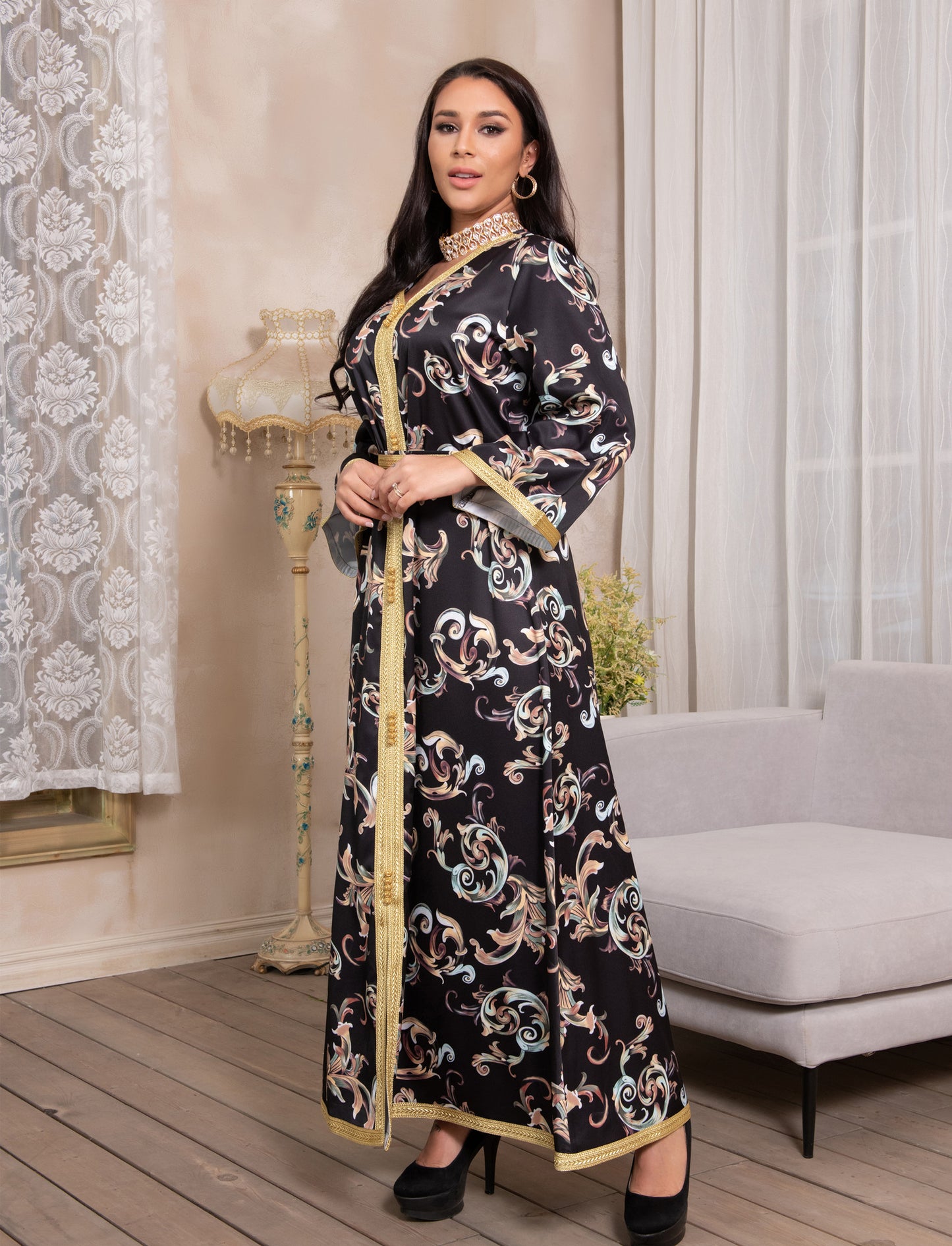 Vestido con cinturón largo estampado para mujer musulmana de Dubái para Ramadán
