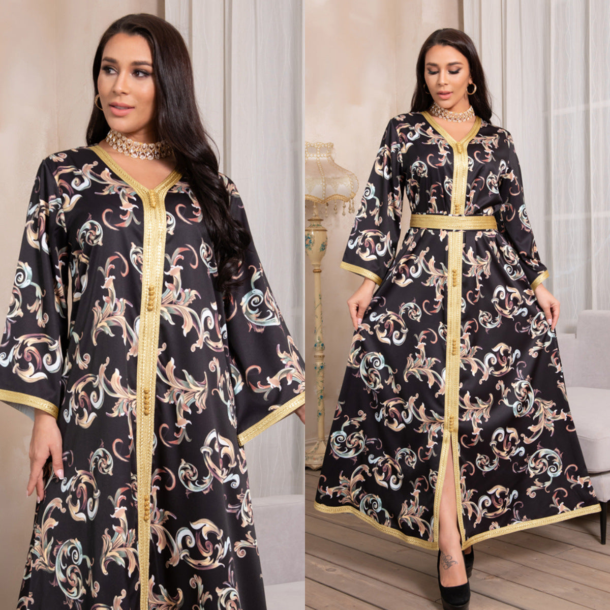 Vestido con cinturón largo estampado para mujer musulmana de Dubái para Ramadán