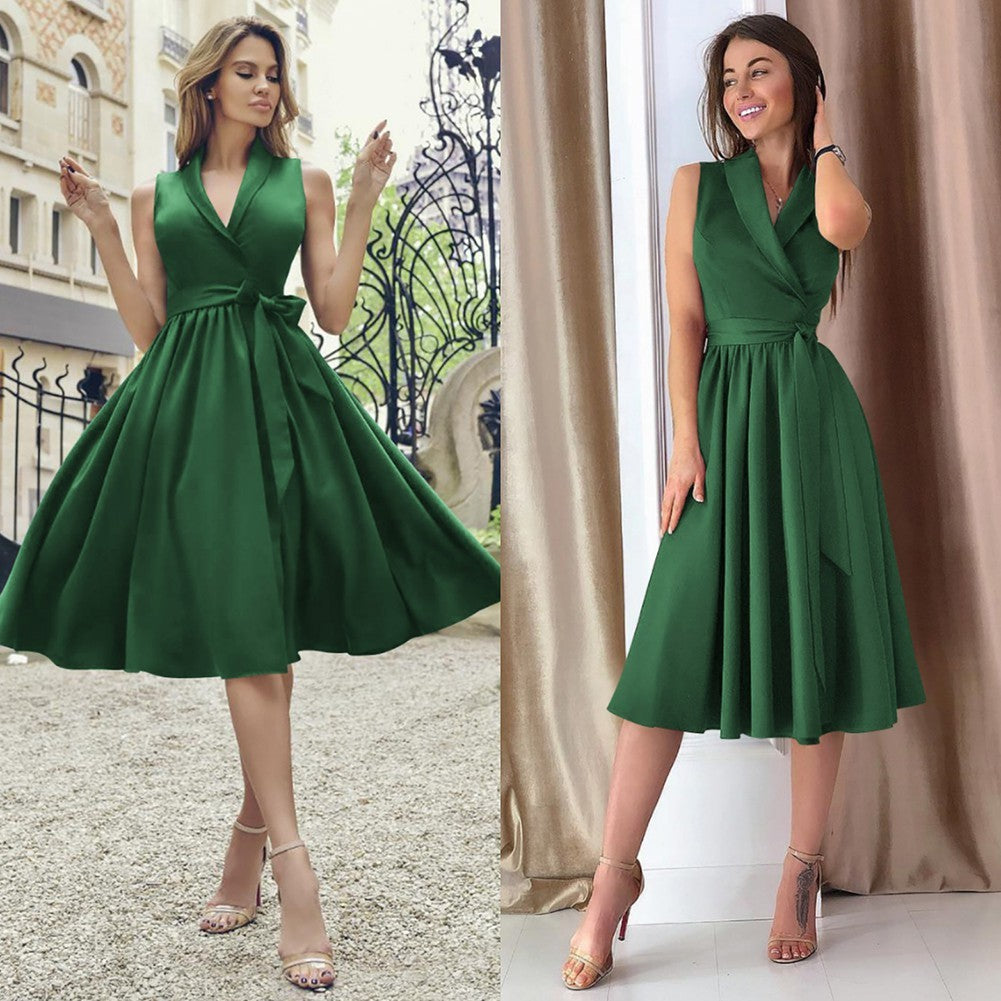 Robe mi-longue décontractée sans manches avec ceinture pour femme, nouveauté