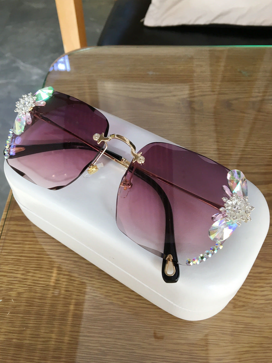 Gafas de sol de moda sin marco con diamantes de imitación, gafas de sol de lujo con degradado para mujer