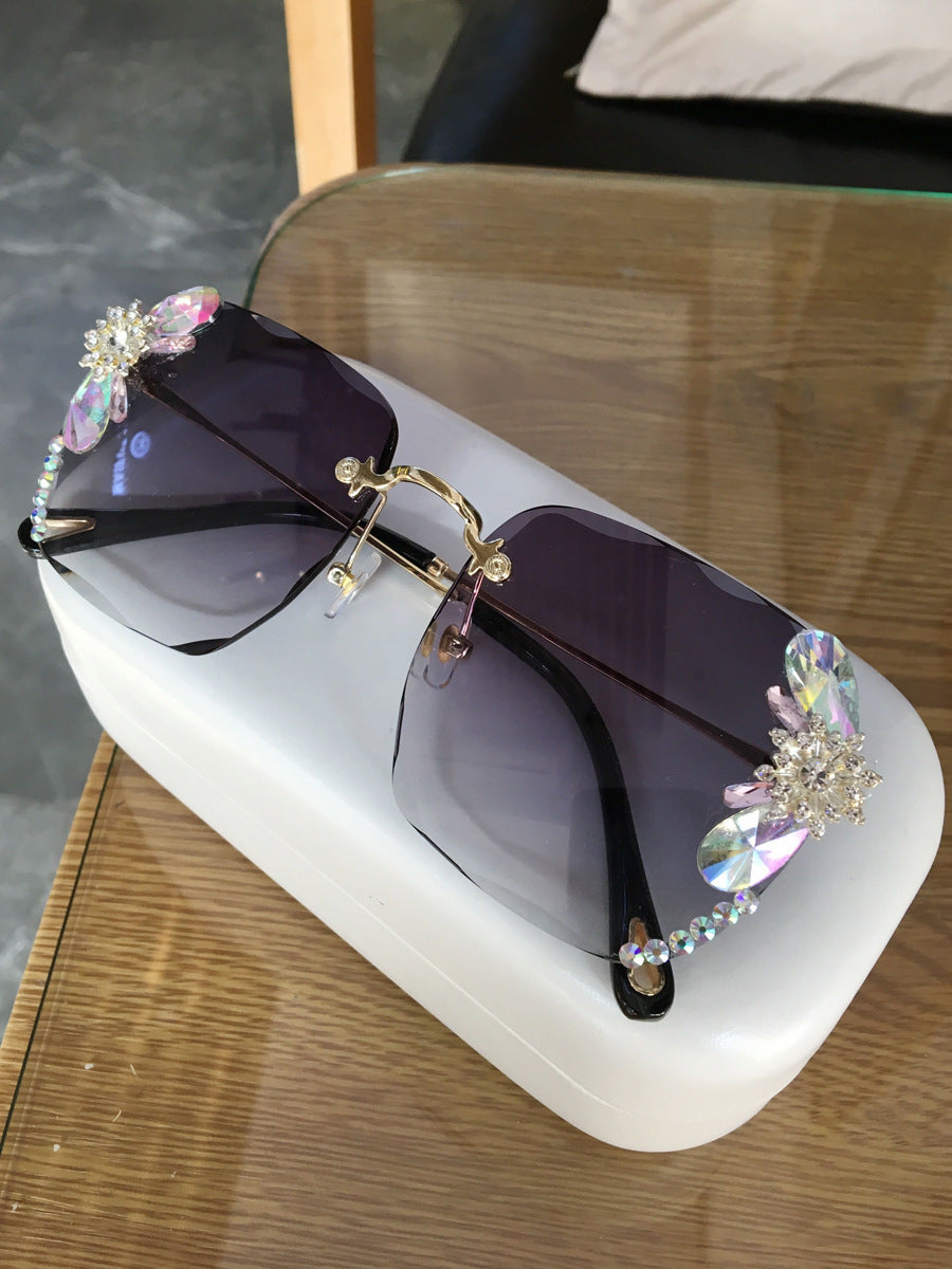 Gafas de sol de moda sin marco con diamantes de imitación, gafas de sol de lujo con degradado para mujer