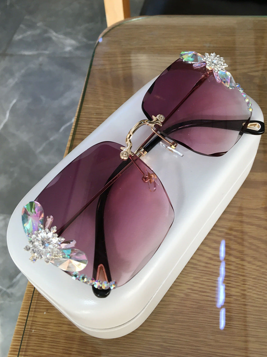 Gafas de sol de moda sin marco con diamantes de imitación, gafas de sol de lujo con degradado para mujer