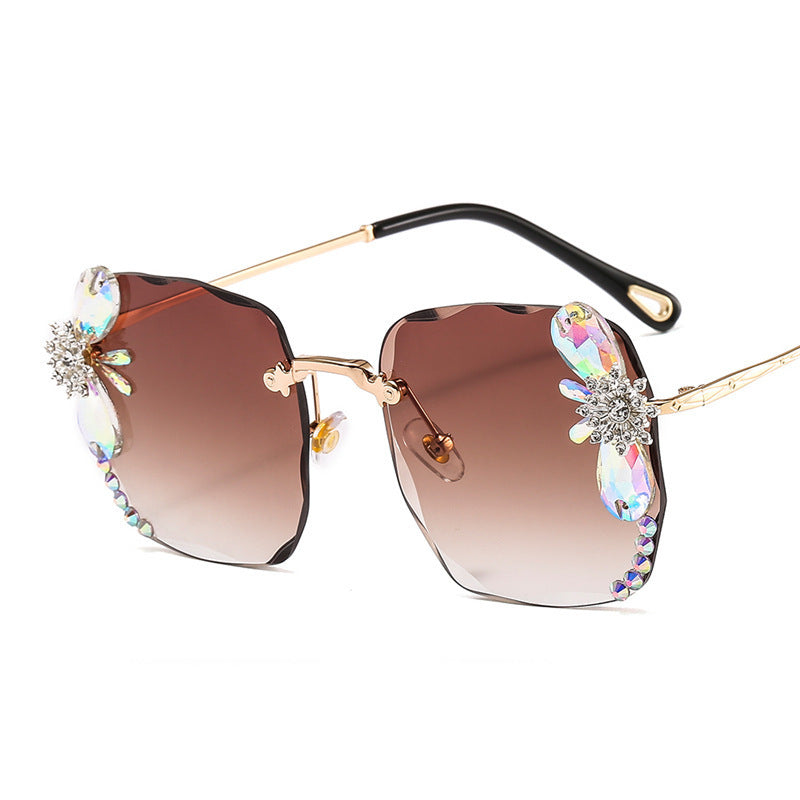 Gafas de sol de moda sin marco con diamantes de imitación, gafas de sol de lujo con degradado para mujer