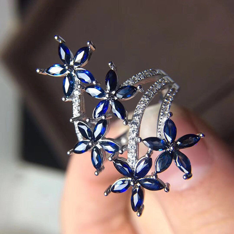 Anillo de mujer chapado en oro blanco de 18 quilates con zafiro y plata 925