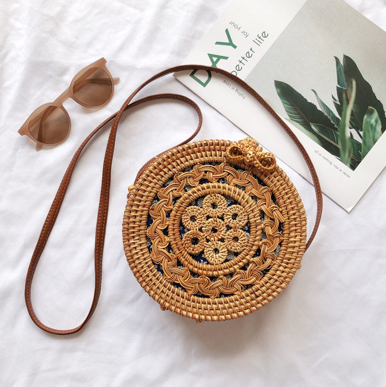 Nuevo bolso tejido de mimbre de Bali, bolso redondo tipo mensajero de viaje de playa tejido de paja Retro