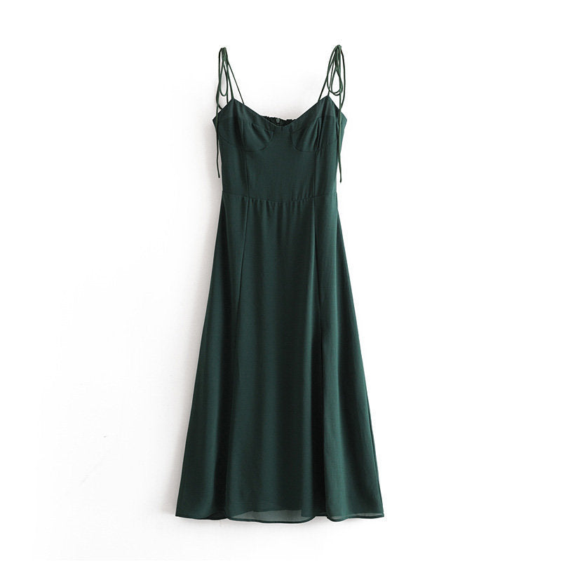 Robe à bretelles en dentelle style rétro français, taille haute, ourlet sexy, fente latérale