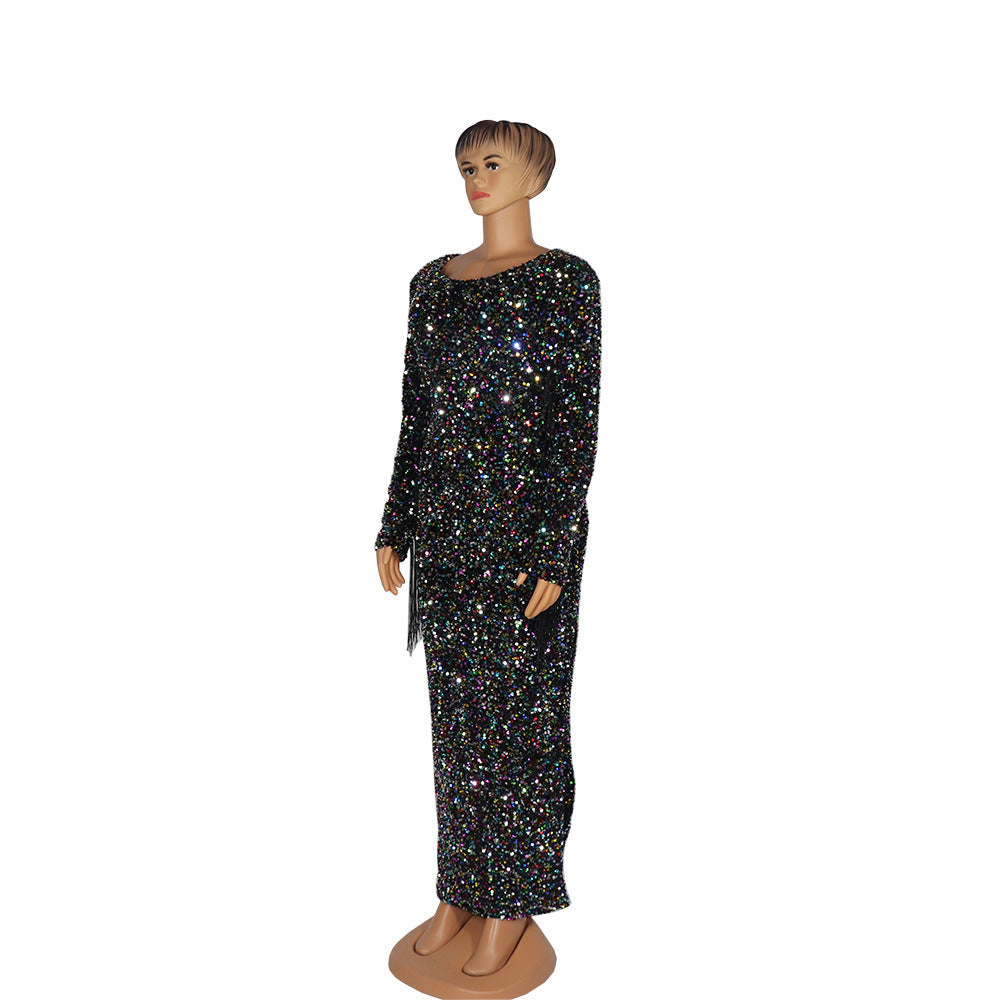 Vestido africano elástico con borlas y lentejuelas