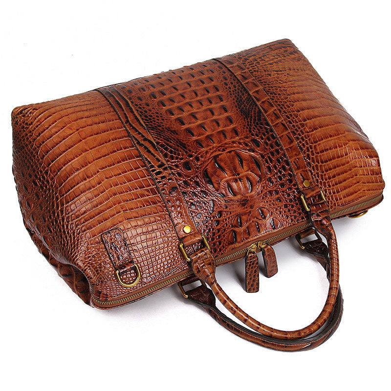 Bolso deportivo de cuero auténtico con estampado de cocodrilo marrón