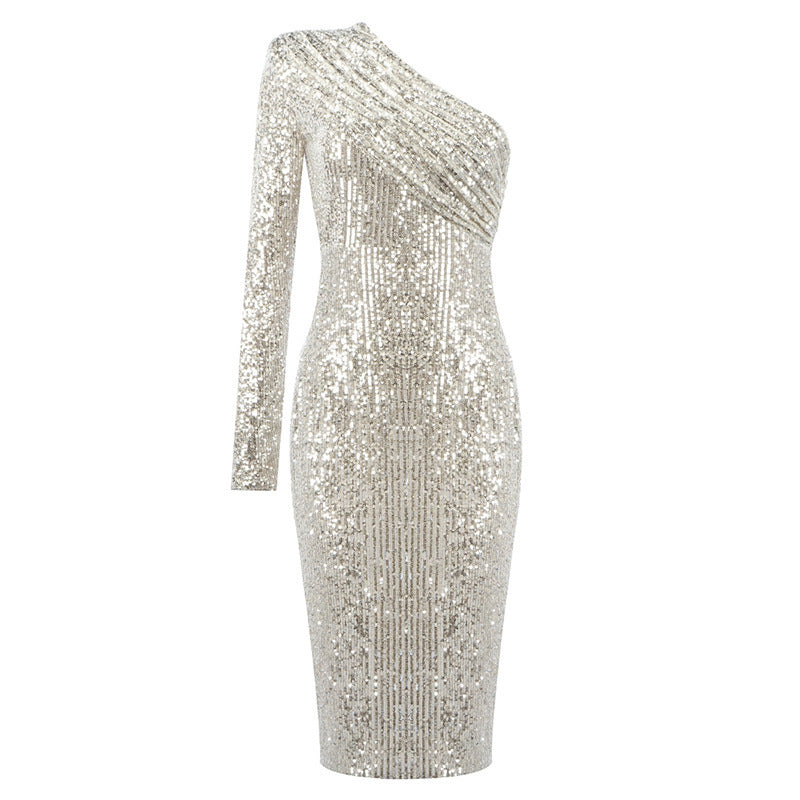 Robe asymétrique à col oblique, robe de soirée à paillettes tendance, robe de soirée sexy