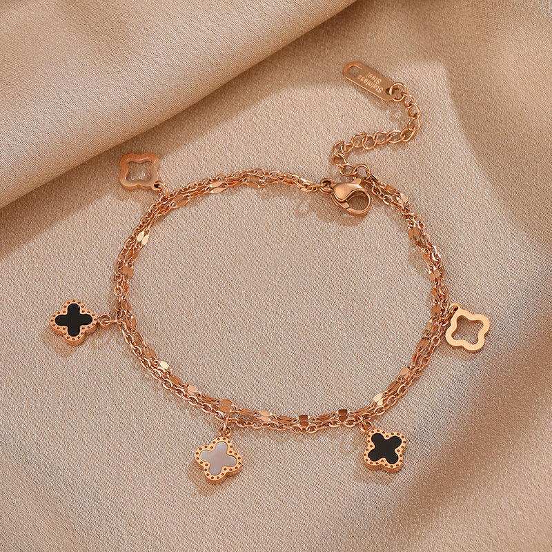 Bracelet double chaîne coquillage trèfle à quatre feuilles pour femme